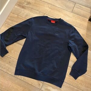 HUGO Men's Navy Crewneck Sweatshirt logo trim large